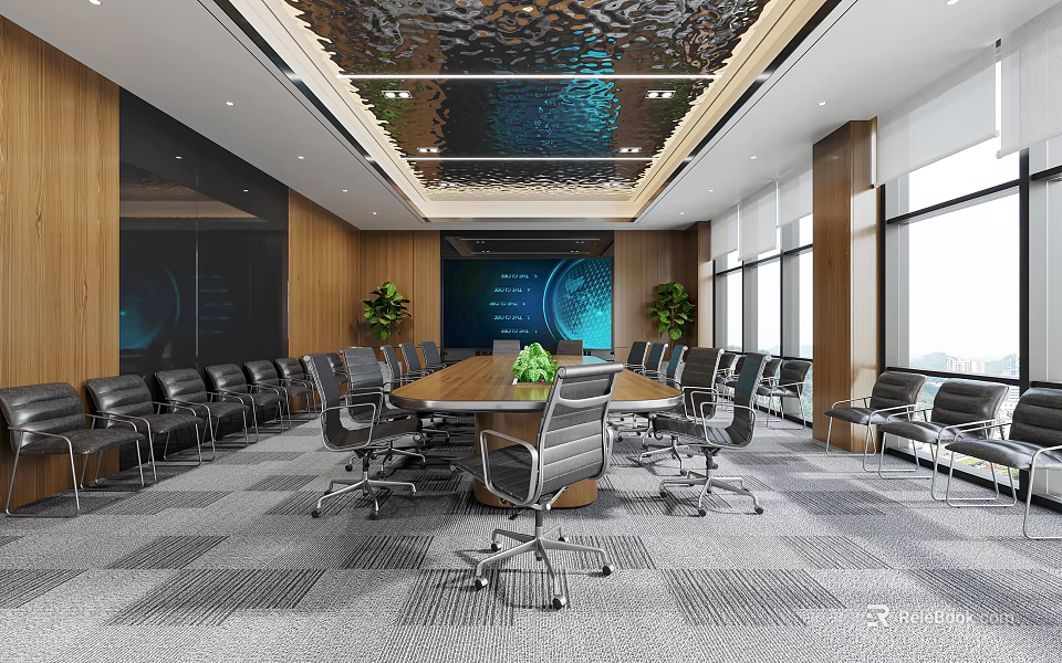 Modern Conference Room With Wooden Walls Wavy Textured Ceiling Long Table And Black Office Chairs 3d model 