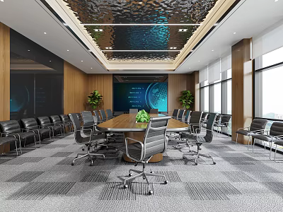 Modern Conference Room With Wooden Walls Wavy Textured Ceiling Long Table And Black Office Chairs 3d model