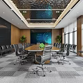 Modern Conference Room With Wooden Walls Wavy Textured Ceiling Long Table And Black Office Chairs