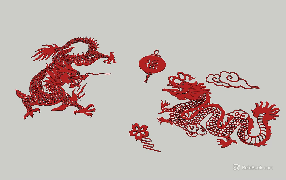 Traditional Chinese Red Paper Cut Art Featuring Dragons Lanterns Fu Character Clouds and Plum Blossom 3d model 