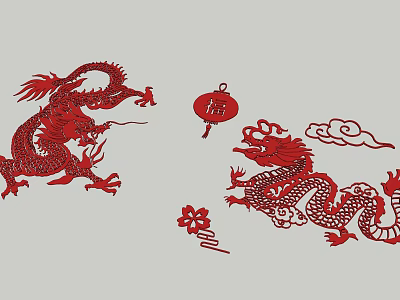 Traditional Chinese Red Paper Cut Art Featuring Dragons Lanterns Fu Character Clouds and Plum Blossom 3d model