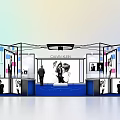 Modern Exhibition Booth Design With Display Counters Posters And Staff Members 3d model