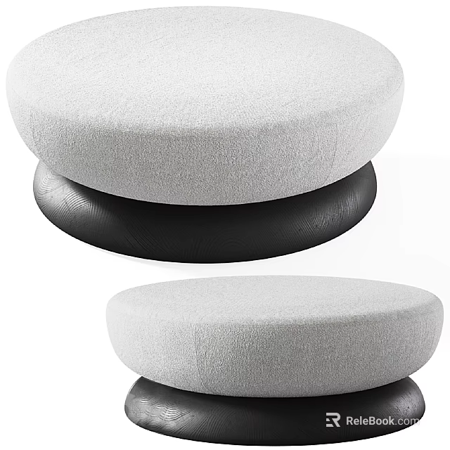 Modern Circular Light Gray Fabric Ottoman With Black Base Minimalist Design 3d model 
