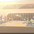 Colorful Water Park Area With Blue White Balloons Archways Glass Walls And Sunset View