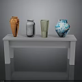 White Long Table with Four Decorative Vases in Orange Silver Green and Blue White Patterns