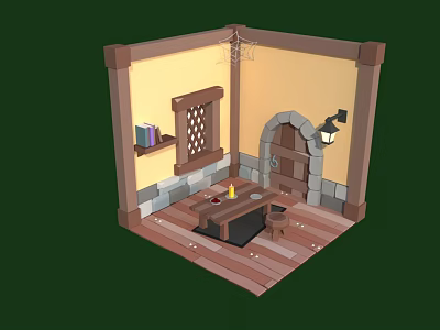 Cartoon Room Interior With Wooden Structure Yellow Walls Lattice Window Bookshelf Arched Door Hanging Lamp Table And Candle 3d model