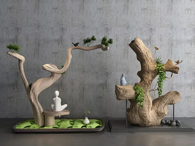 Natural Style Decorative Ornament Set With Tree Stump Branches Green Plants Birds And White Figurine 3d model