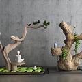 Natural Style Decorative Ornament Set With Tree Stump Branches Green Plants Birds And White Figurine