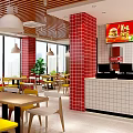 Bright Restaurant Interior With Red Brick Walls White Counter Hanging Pendant Lights And Colorful Chairs