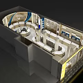 Luxury Jewelry Store Interior With Circular Display Counters Golden Accents And Blue Wave Walls