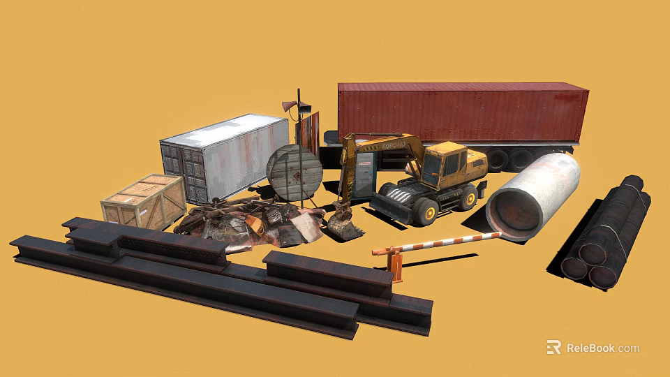 Industrial Scrapyard With Excavator Shipping Containers Metal Pipes Wooden Crates And Rail Tracks 3d model 