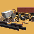 Industrial Scrapyard With Excavator Shipping Containers Metal Pipes Wooden Crates And Rail Tracks