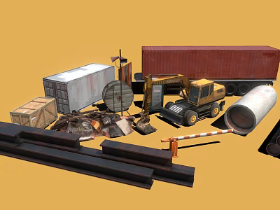 Industrial Scrapyard With Excavator Shipping Containers Metal Pipes Wooden Crates And Rail Tracks 3d model