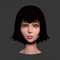 Stylized 3D Female Character Head With Brown Short Hair Purple Eyes And Yellow Eyeshadow