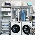 Laundry Room Organization With Washing Machines Hanging Clothes And Storage Shelves