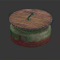 Rustic Home Use Stone Mill With Wooden Lid And Red Brick Base 3d model