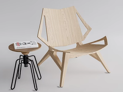 Modern Wooden Leisure Chair With Minimalist Design And Small Round Side Table Holding Magazine 3d model