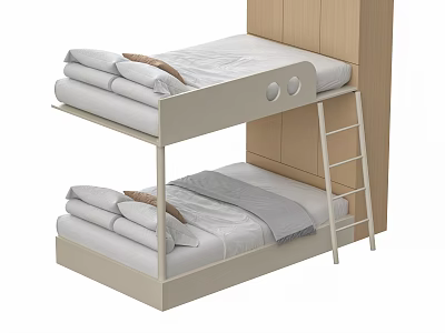Light Colored Modern Bunk Bed With Ladder Circular Decorative Holes And Mattresses On Both Levels 3d model
