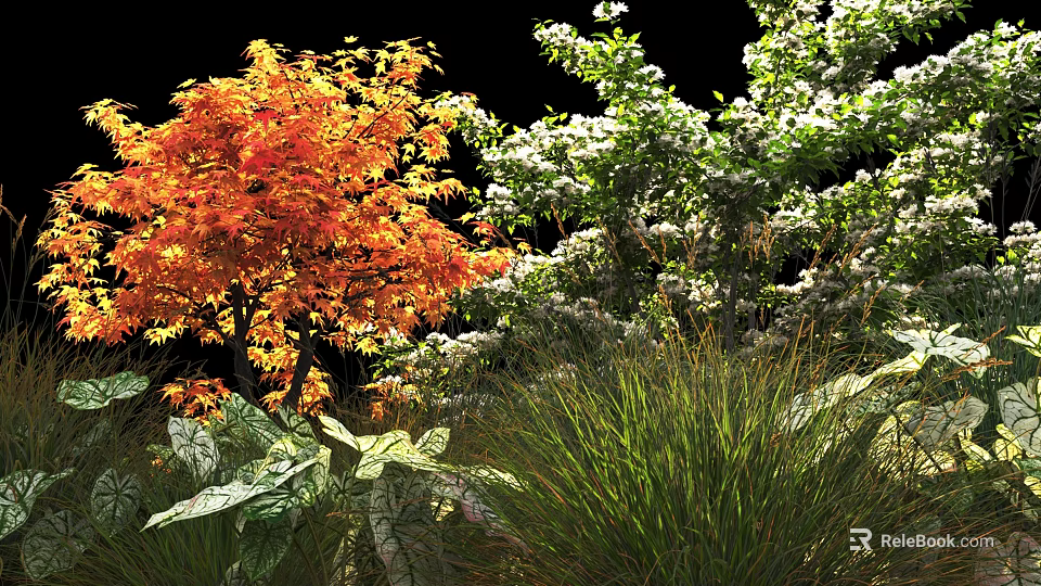 Vibrant Shrubs With Orange Foliage And White Flowers Among Green Grass And Surrounding Plants 3d model 