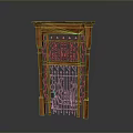 Traditional Wooden Gate With Intricate Iron Grille And Carved Frame Design