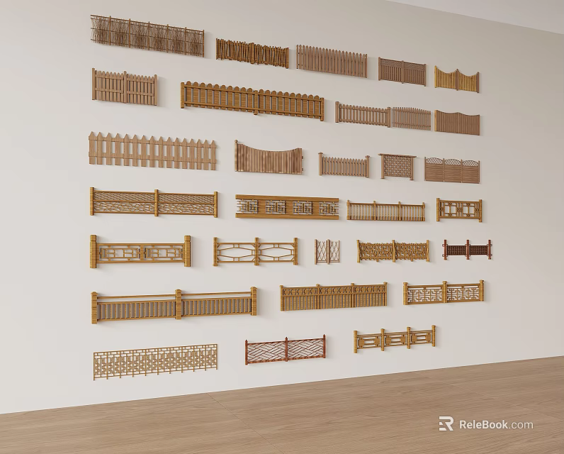 Various Styles of Wooden Fences Arranged on White Wall for Interior Decorative 3d model 