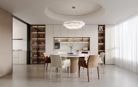 Modern Restaurant Dining Table and Chair Combination Single Chair Round Table Chandelier Sideboard Fruit Green Planting 3d model