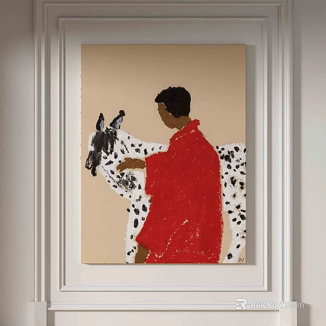 Abstract Painting With Red Clothed Figure Black Spotted Animal On Light Background White Wall 3d model 