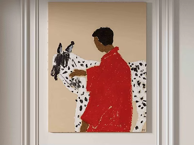 Abstract Painting With Red Clothed Figure Black Spotted Animal On Light Background White Wall 3d model