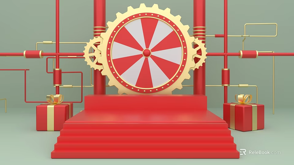 Festive Decorative Scene With Red Steps Red White Circular Device Golden Gears And Gift Boxes 3d model 
