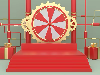 Festive Decorative Scene With Red Steps Red White Circular Device Golden Gears And Gift Boxes 3d model