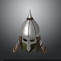 Ancient Spiked Silver Helmet With Green Face Guard And Brown Ear Flaps