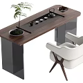 Elegant Modern Tea Table and Chair Set with Walnut Surface White Seat and Tea Accessories