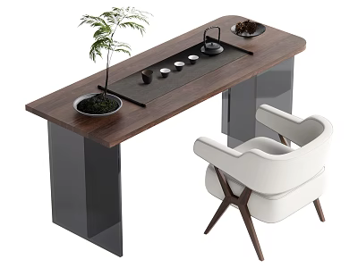 Elegant Modern Tea Table and Chair Set with Walnut Surface White Seat and Tea Accessories 3d model