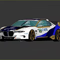 Blue And White Racing Car With CAT BMW Logos Gold Wheels And Green Windows