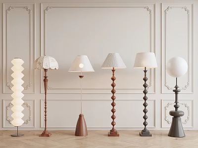 Various Designed Floor Lamps in Indoor Setting with Decorative Walls and Wooden Floor 3d model