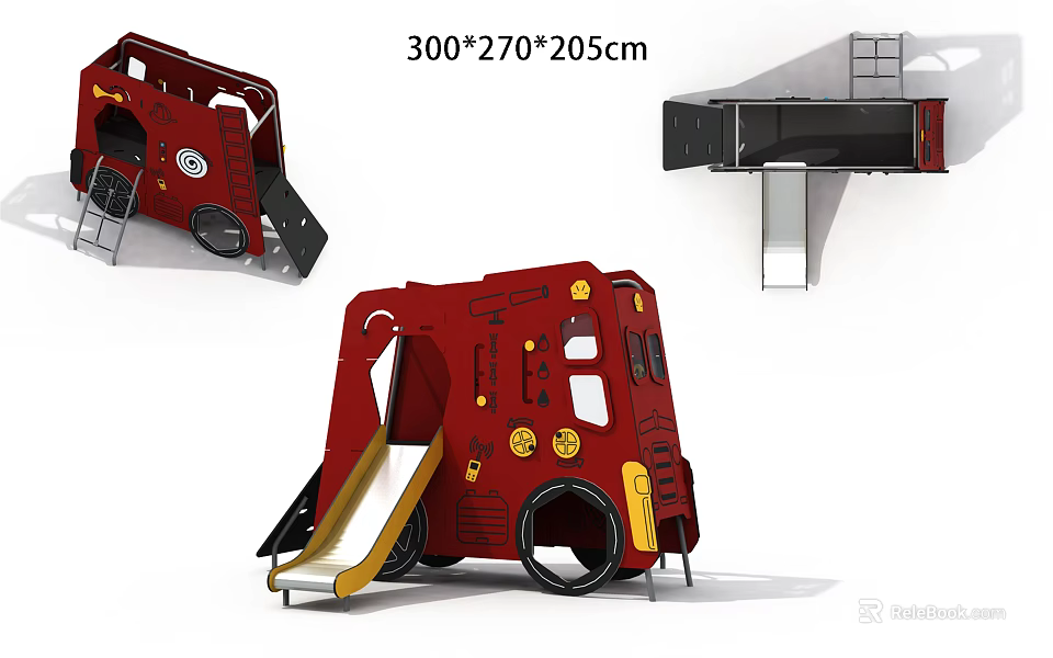 Red Excavator Shaped Playground Equipment with Slide Yellow Accents and 300x270x205cm Size 3d model 