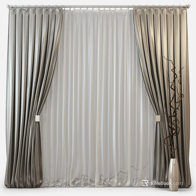 Modern Gray Curtains With Sheer Layers And Decorative Tiebacks For Home Interior 3d model