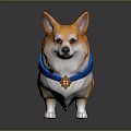 Orange And White Corgi Dog With Blue Collar And Bell Standing On Gray Background