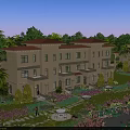 Elegant Beige Townhouse Exterior With Red Roof Palm Trees And Landscaped Garden Pond