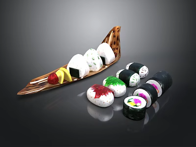 Wooden Sushi Boat Serving Platter with Colorful Sushi Rolls and Decorative Design 3d model