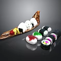 Wooden Sushi Boat Serving Platter with Colorful Sushi Rolls and Decorative Design