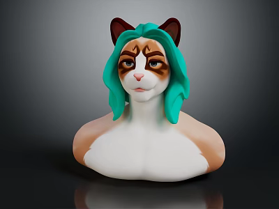 3D Anthropomorphic Cat Character With Green Hair White Brown Torso Sculpture 3d model