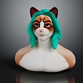 3D Anthropomorphic Cat Character With Green Hair White Brown Torso Sculpture
