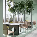 Elegant Modern Restaurant Interior With Green Plants Round Pendant Lights White Bar And Green Chairs