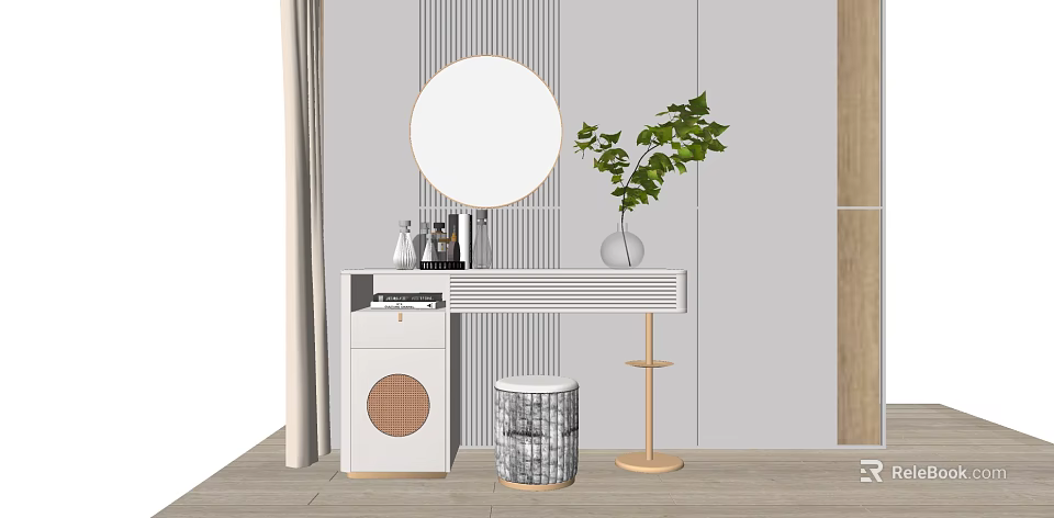 Modern Dressing Table With Round Mirror Green Plant And Skincare Products 3d model 
