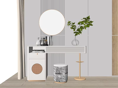 Modern Dressing Table With Round Mirror Green Plant And Skincare Products 3d model