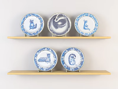 Blue And White Decorative Plates On Wooden Shelves With Animal And Abstract Patterns 3d model