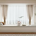 Elegant Bay Window Interior With Light Colored Curtains Cushion And Potted Plant