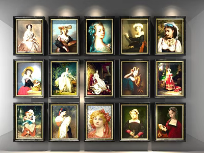 Vintage Framed Portrait Paintings On Gallery Wall With Classical Female Figures 3d model