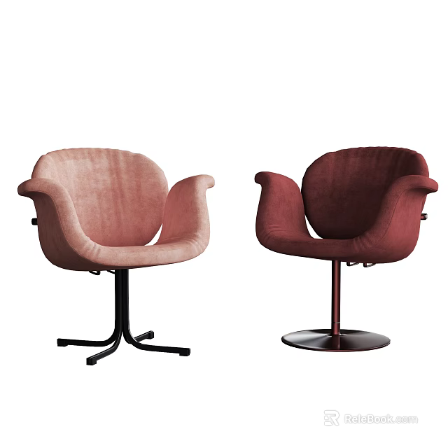 Light Pink Deep Red Velvet Dining Chairs Curved Armrests Black Star Red Round Bases 3d model 